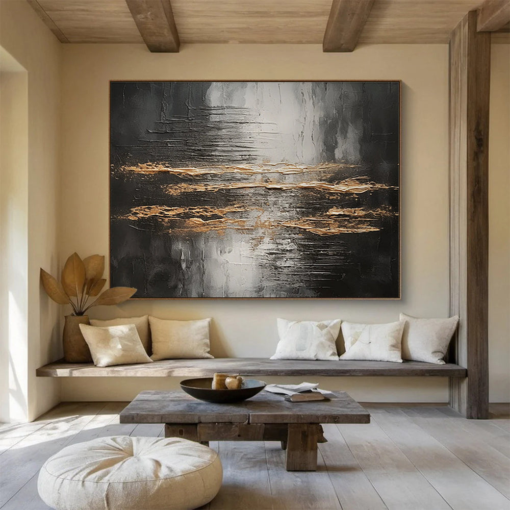 Black and Gold Abstract Stripes Painting for Luxurious Dining Rooms YHT318
