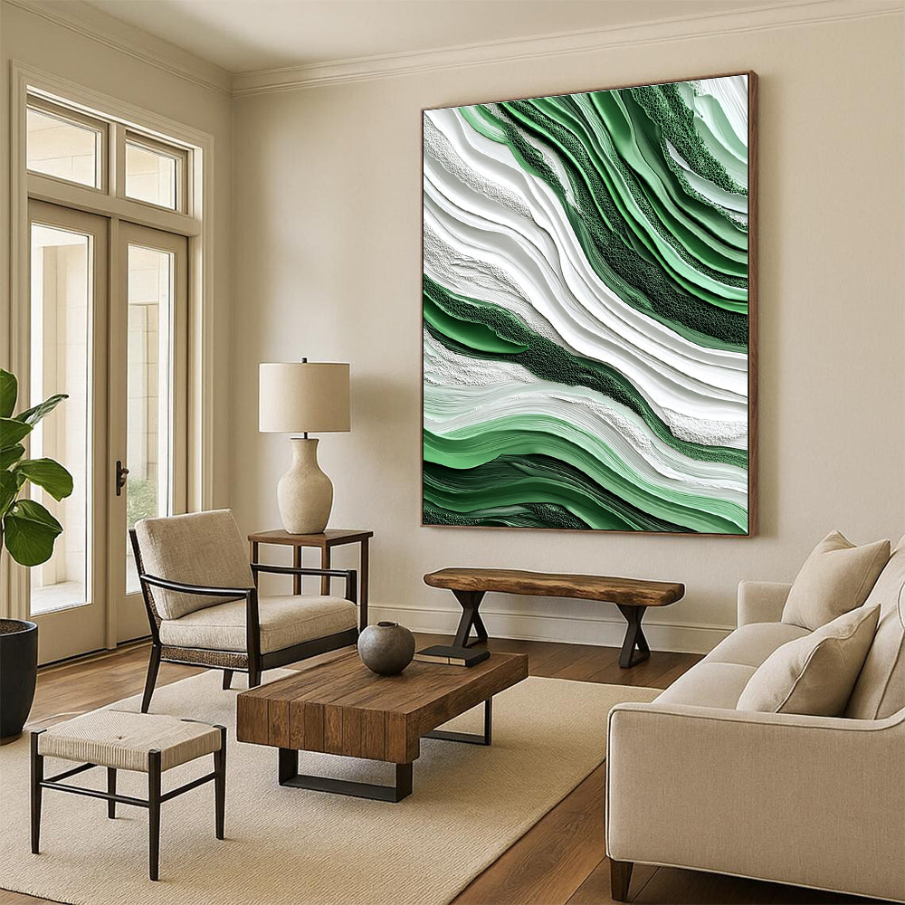 Green and White Wave - Shaped Abstract Painting for Nature - Lover’s Bedrooms GAB0921