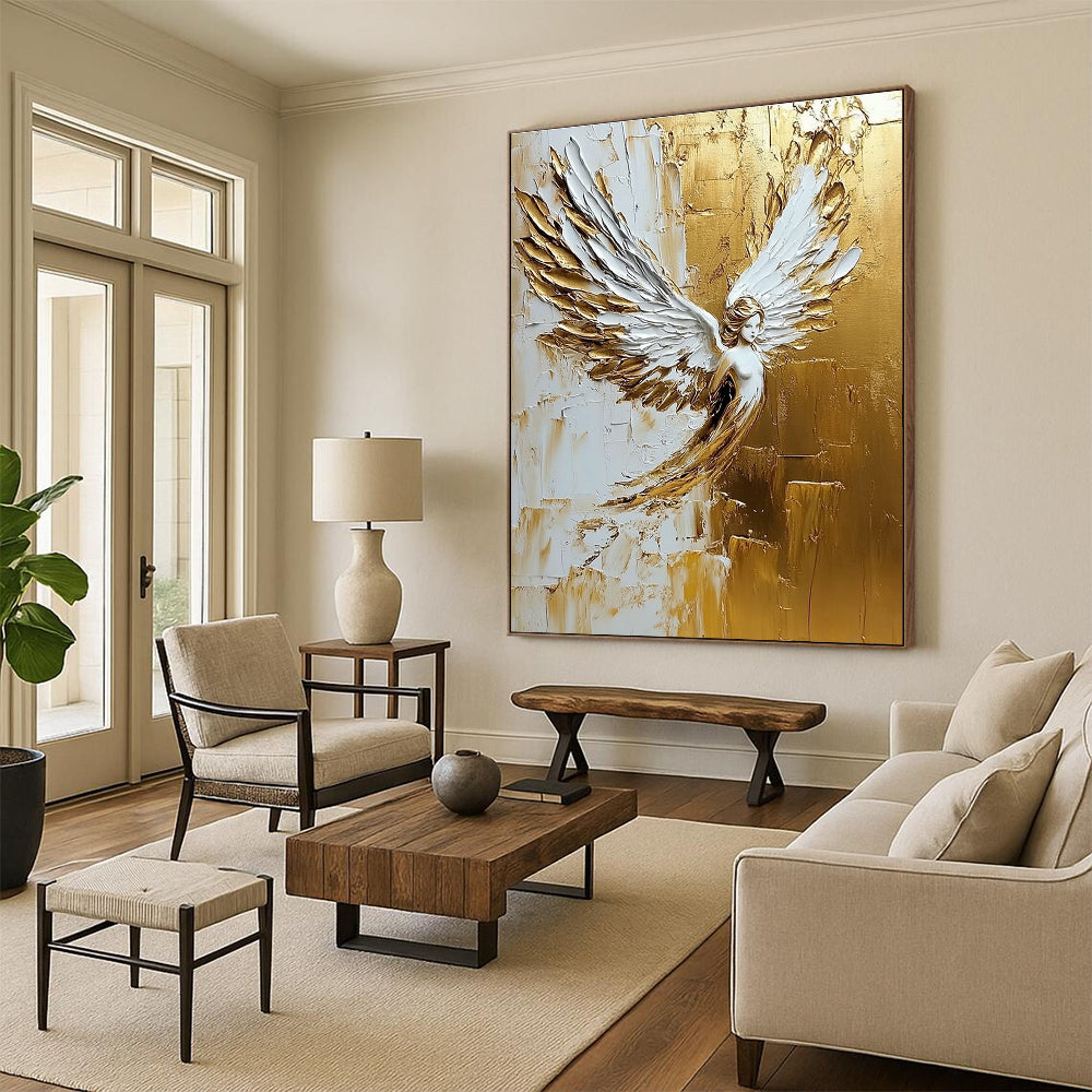 Golden Angel Winged Figure - Spiritual Textured Abstract Art GAB0434