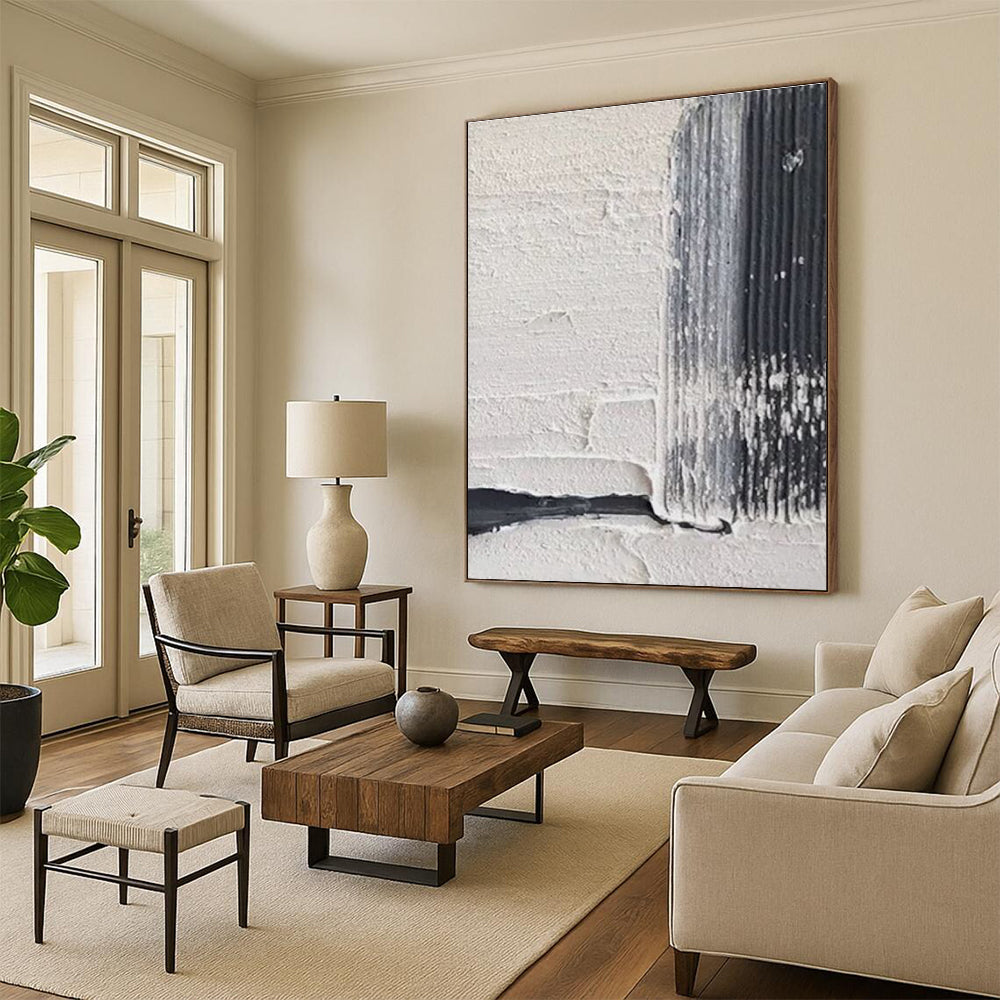 Textured White - Black Abstract Painting for Minimalist Art Installations HENG147