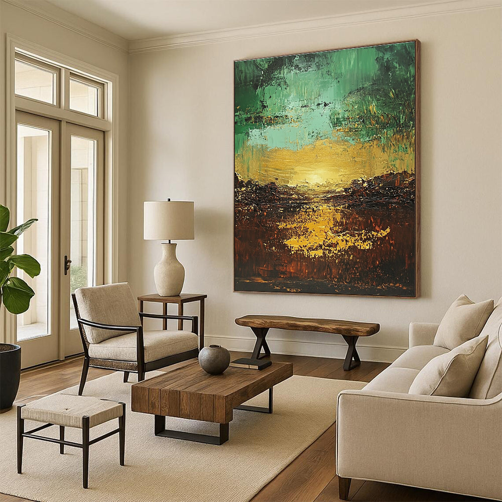 Green - Gold Abstract Landscape Painting with Ethereal Sunset WINK430