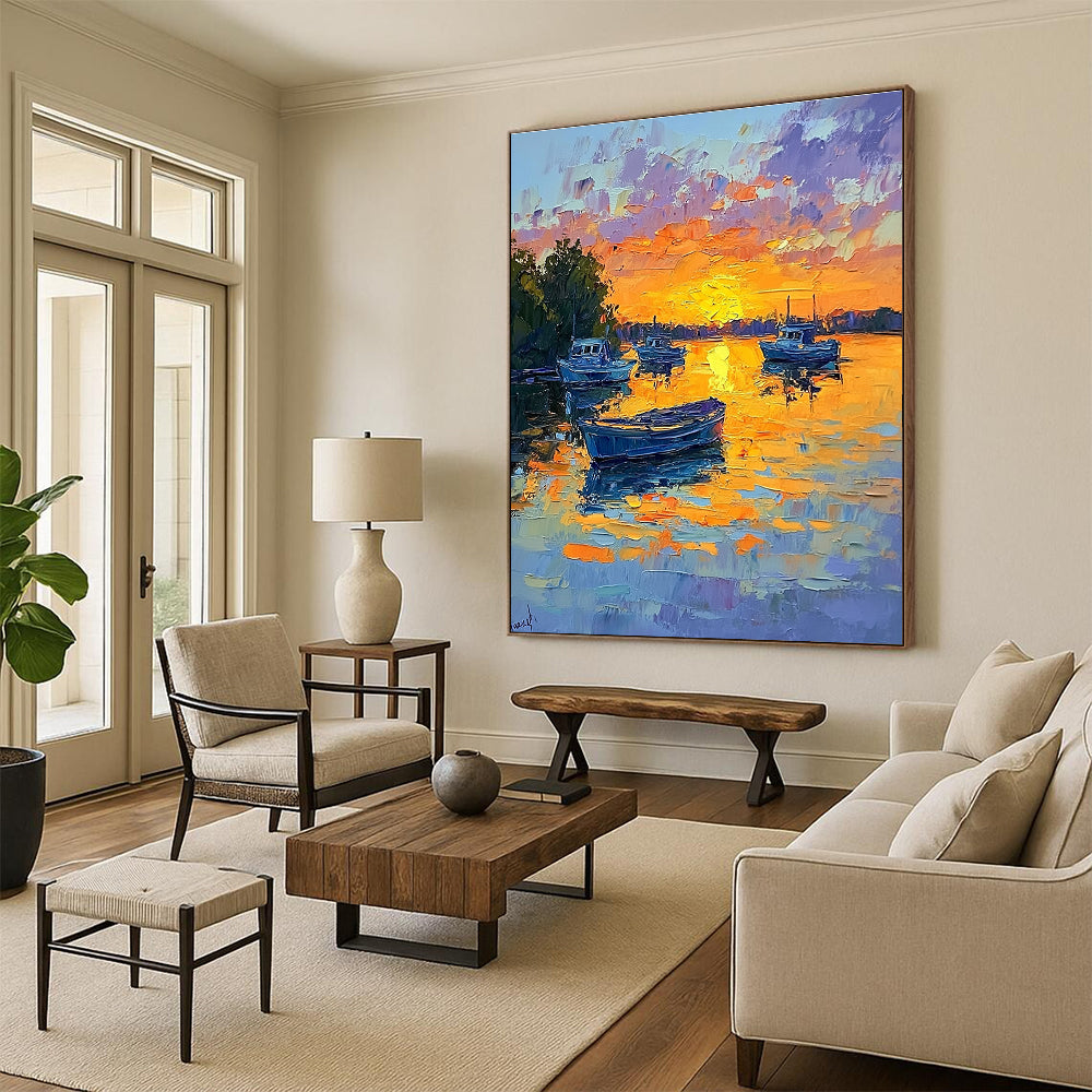 Sunset Boats on the Lake Impressionistic Abstract Painting for Relaxing Spaces GAB1434