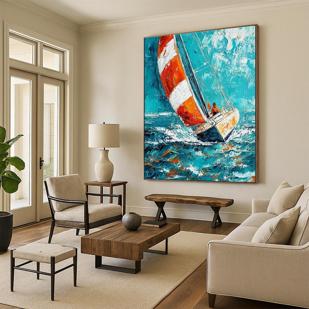 Sailing Boat in Blue Sea Dynamic Abstract Painting for Nautical Enthusiasts GAB1461