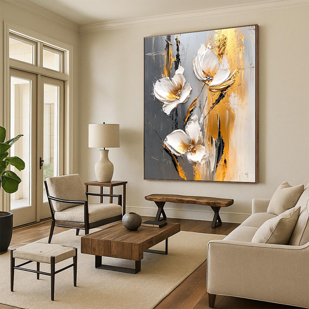 3D Gold Accent Flowers Abstract Painting for Glamorous Dining GAB0765
