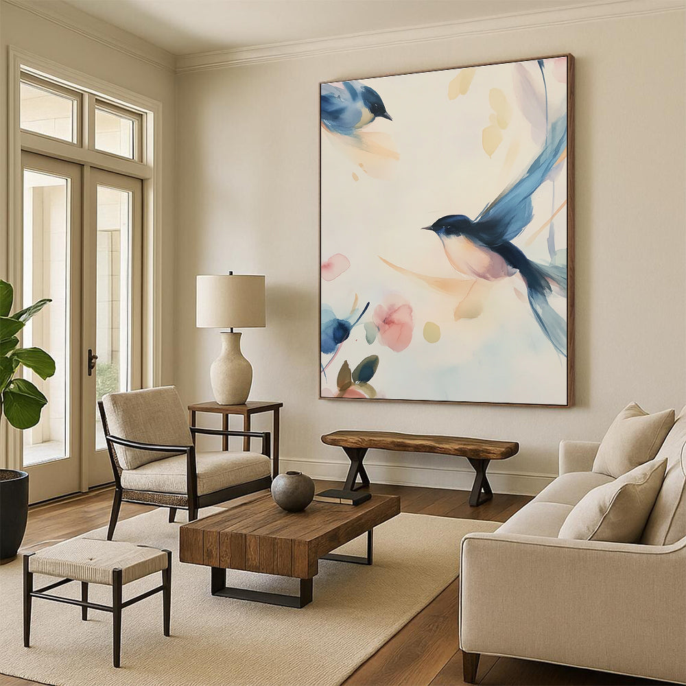 Watercolor Birds and Flowers Abstract Painting for Serene Bedrooms GAB0970