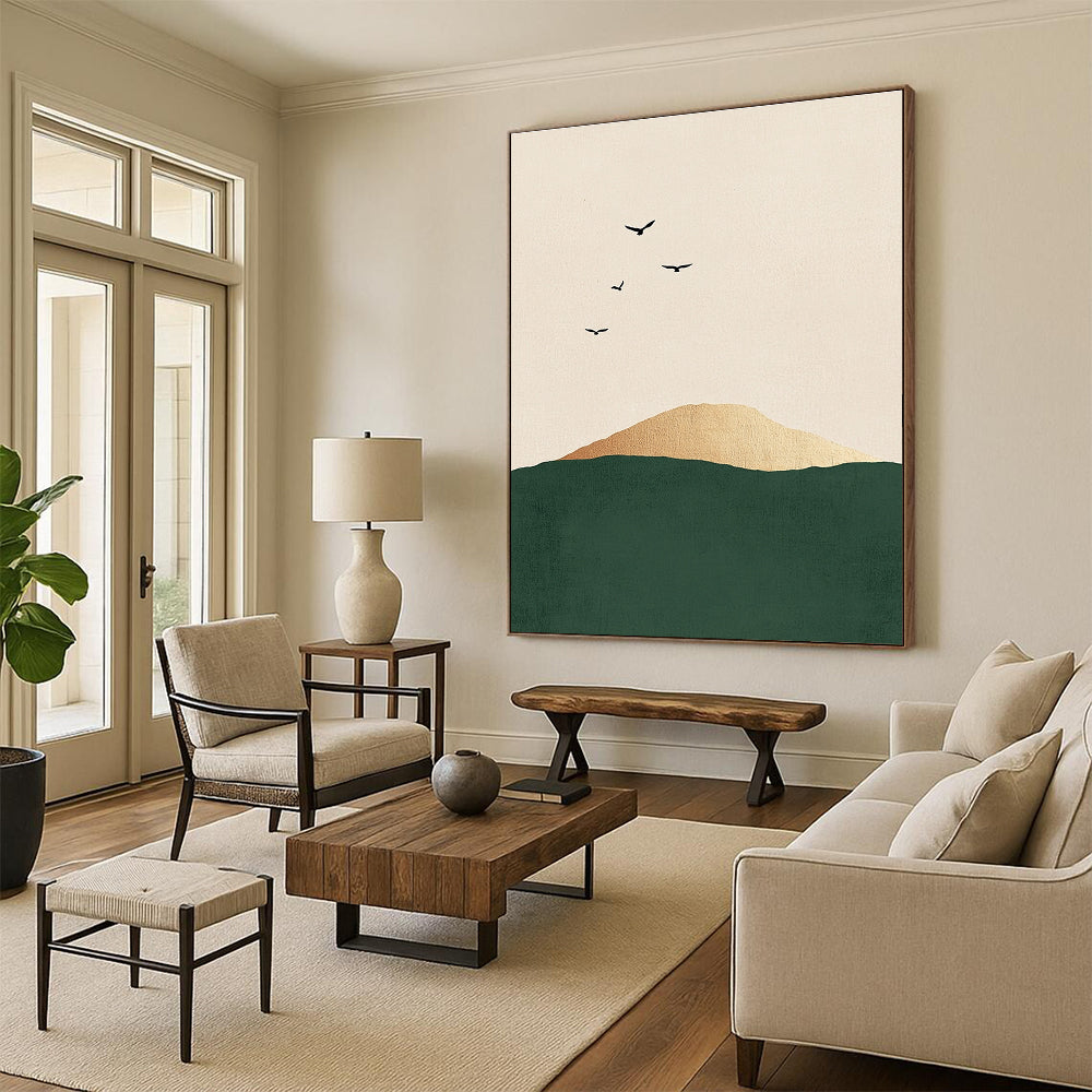 Birds Over Golden Hill Abstract Painting for Bohemian - Style Bedrooms GAB1383