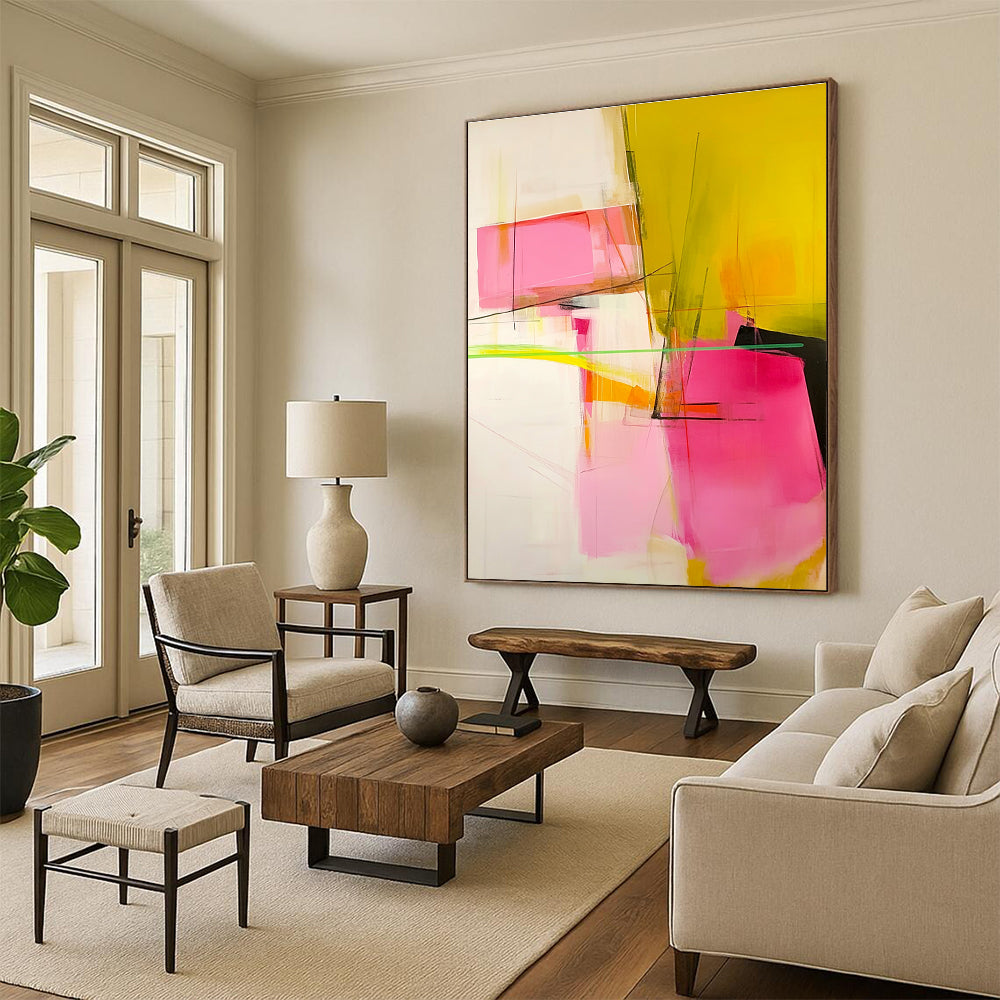Pink Yellow Geometric Abstract Painting with Subtle Lines WINK629