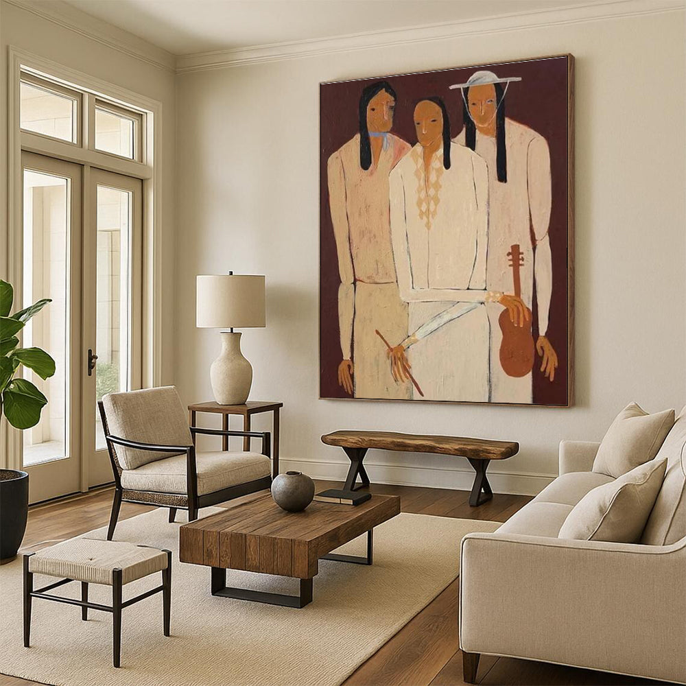 Three Figures in Traditional Attire Abstract Painting for Cultural Heritage Spaces HENG141