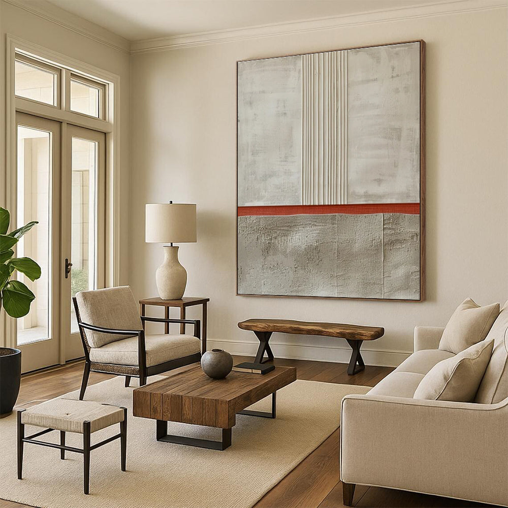 Neutral Tones with Red Stripe Abstract Painting for Industrial - Chic Cafes HENG026