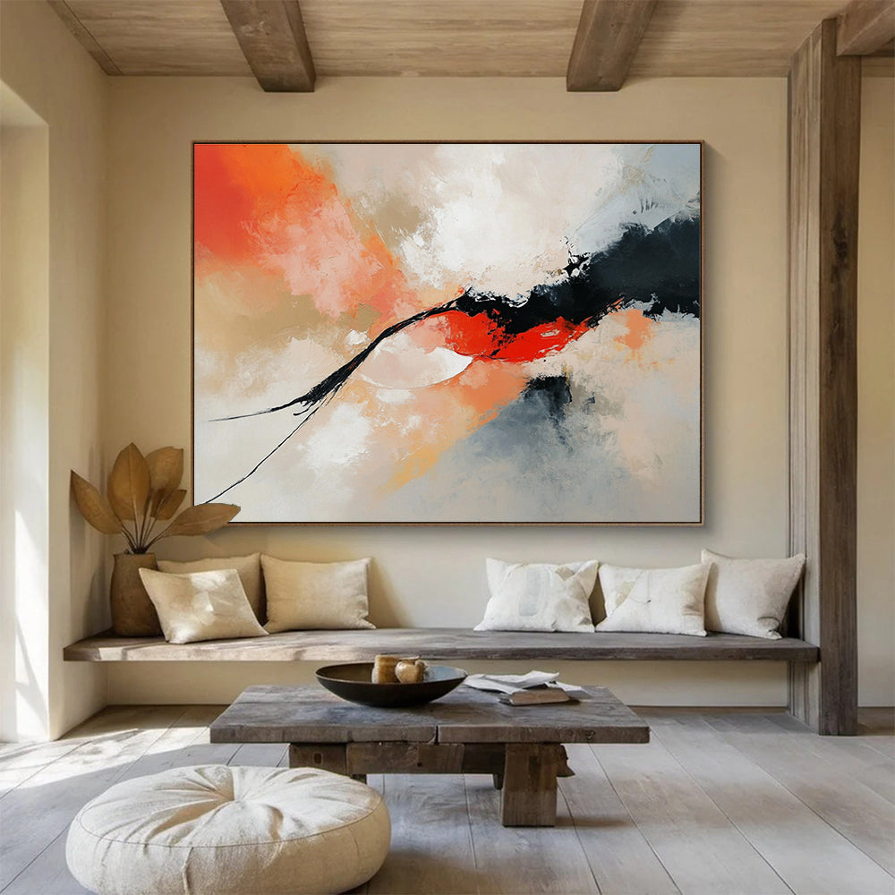 Orange and Black Abstract Painting with Dynamic Forms ABS424