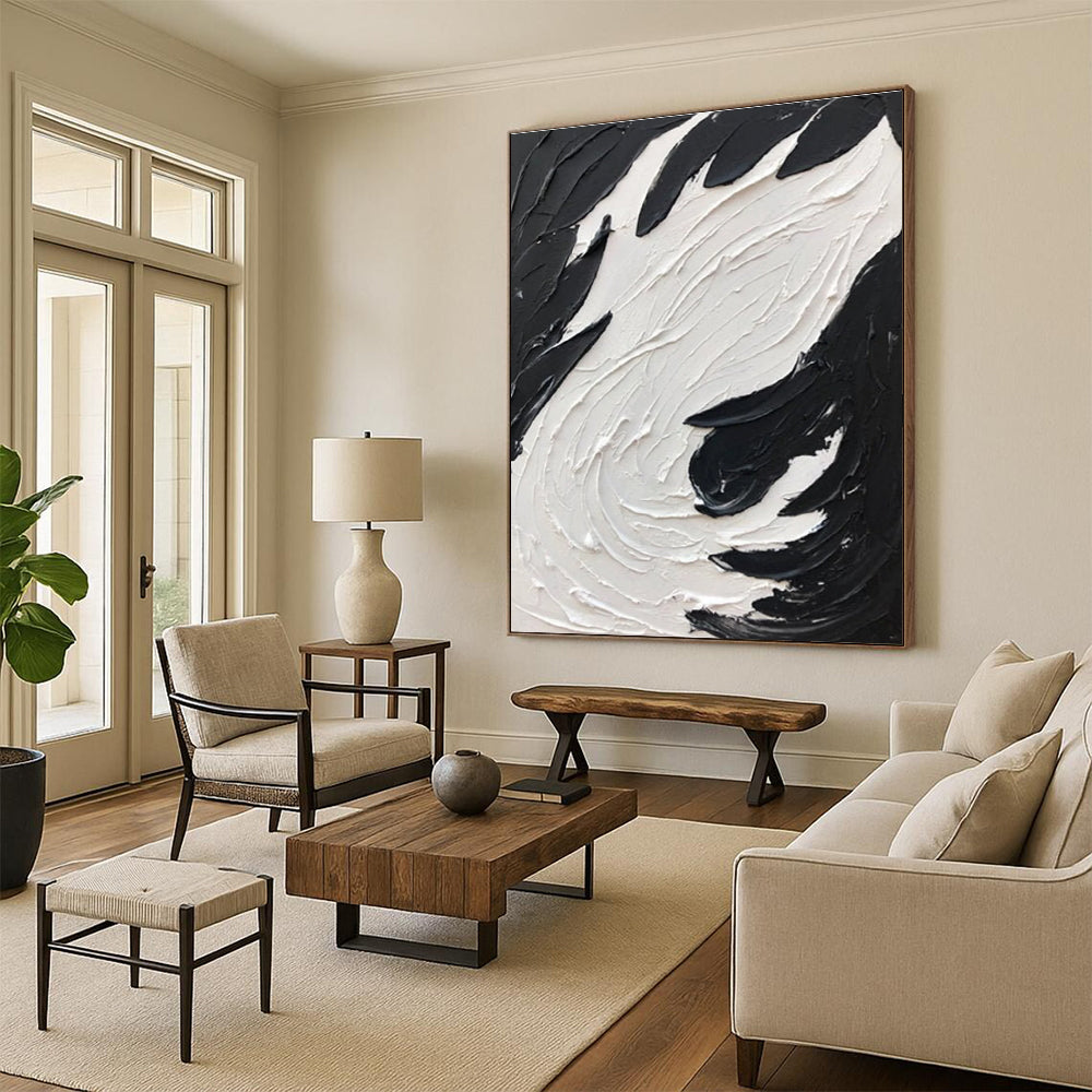 Black - White Swirl Textured Art Abstract Painting for Bold Interiors HENG398