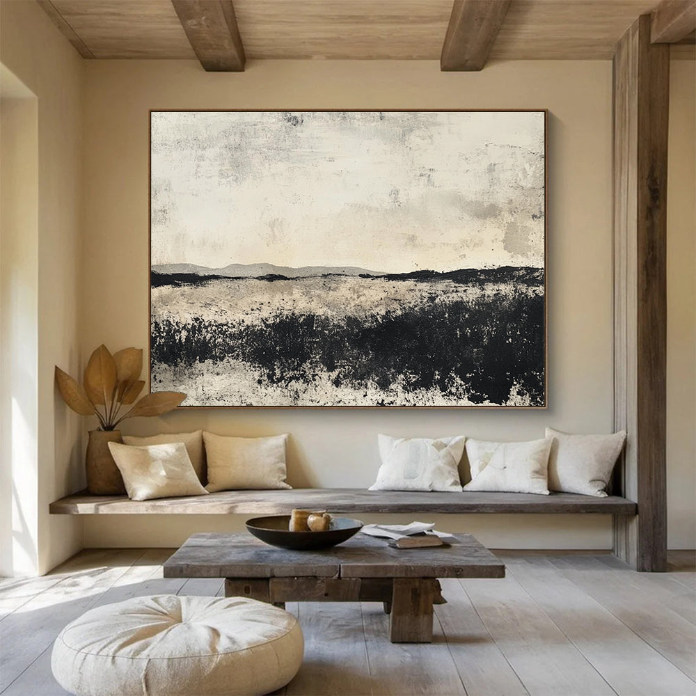 Grayscale Landscape: Textured Fields and Distant Hills Abstract Painting ABS176