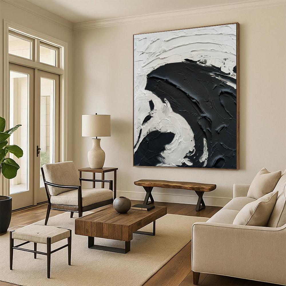 Black - White Swirl Textured Art Abstract Painting for Bold Interiors HENG389