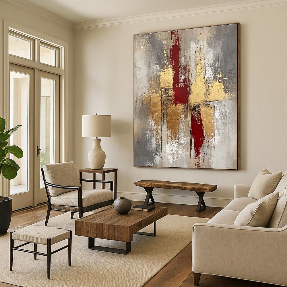 Red and Gold Textured Abstract Painting for Luxury Dining Rooms GAB0881