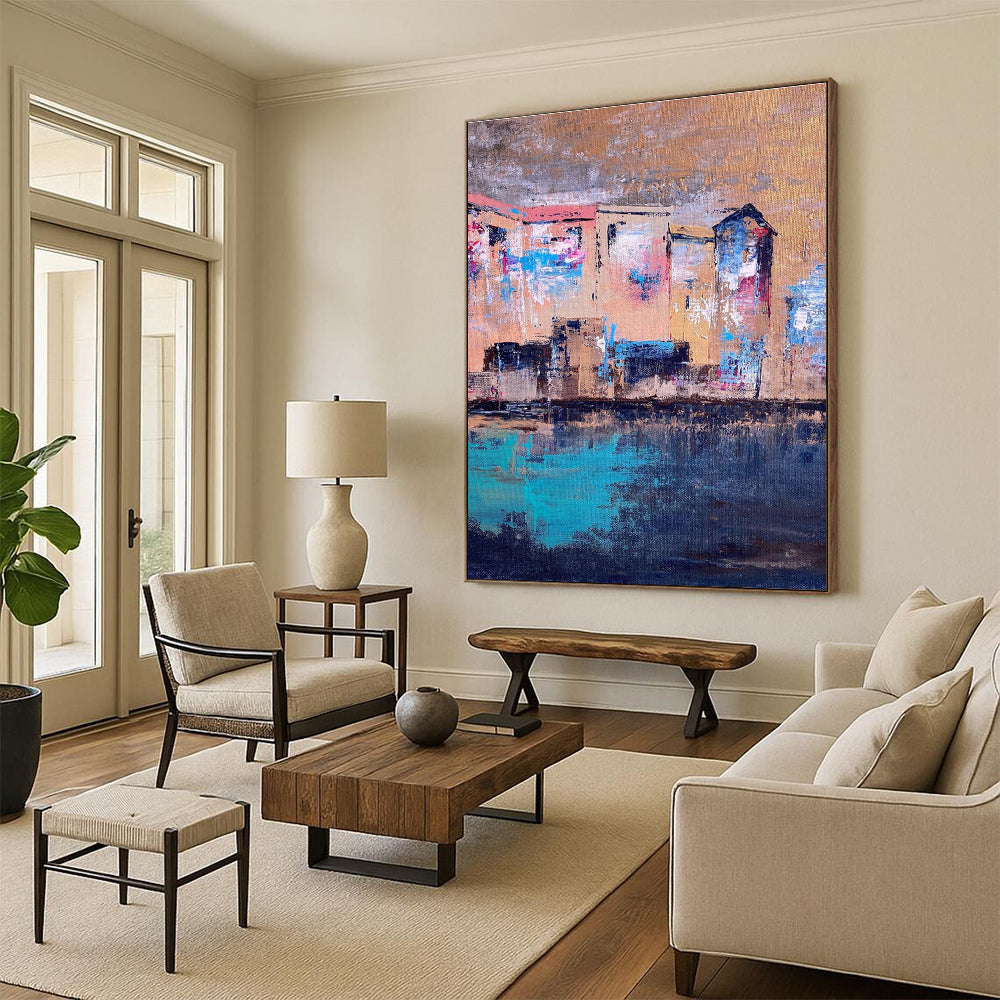 Riverside Buildings Abstract Painting for Bohemian - Style Cafes HENG460