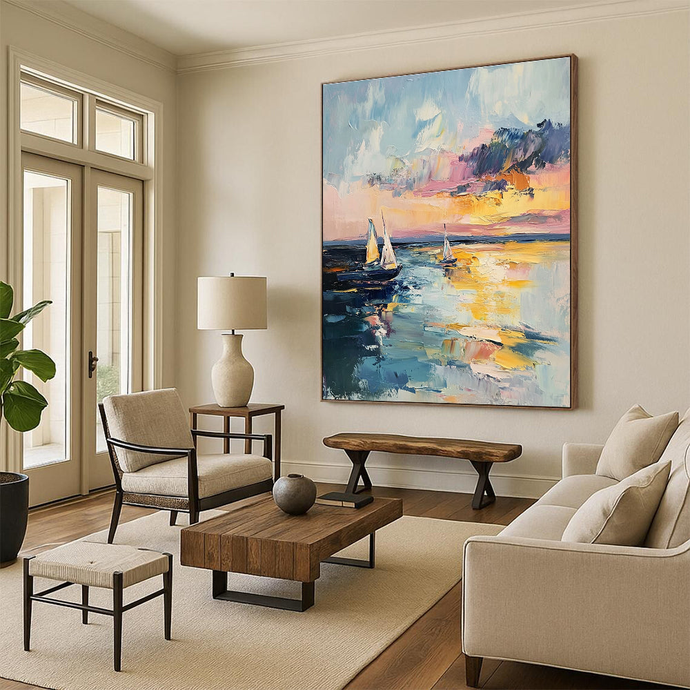 Impressionistic Seaside Sunset Painting with Vivid Colors GAB0105