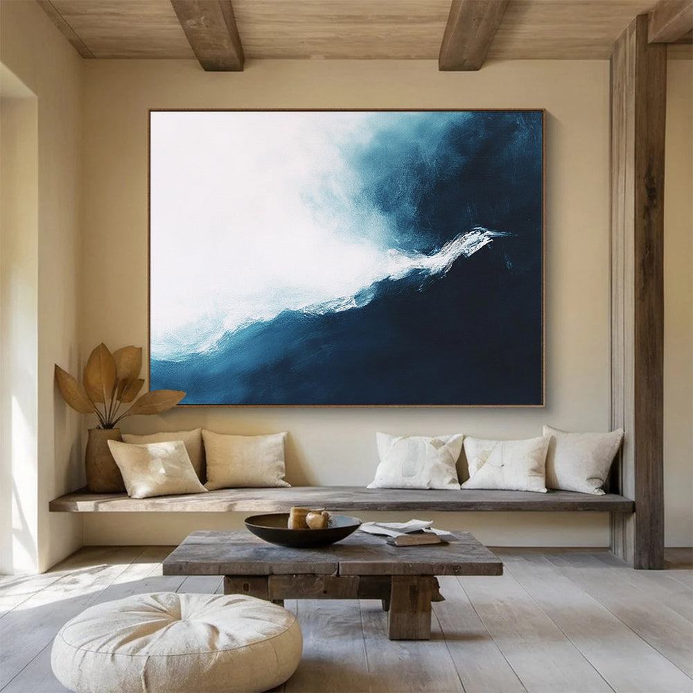 Dynamic Blue - White Wave with Textured Movement Abstract Painting ABS338