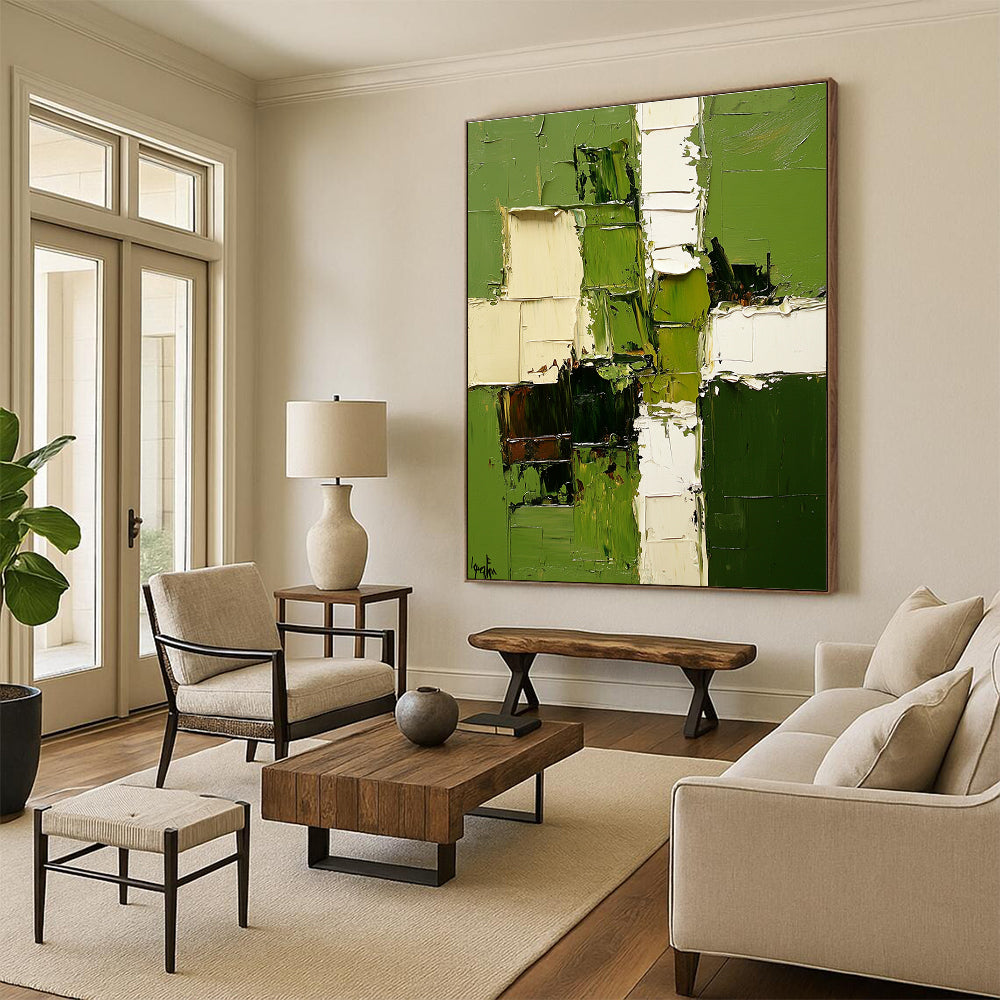Green White Brown Abstract Painting with Lush Forest Inspirations WINK478