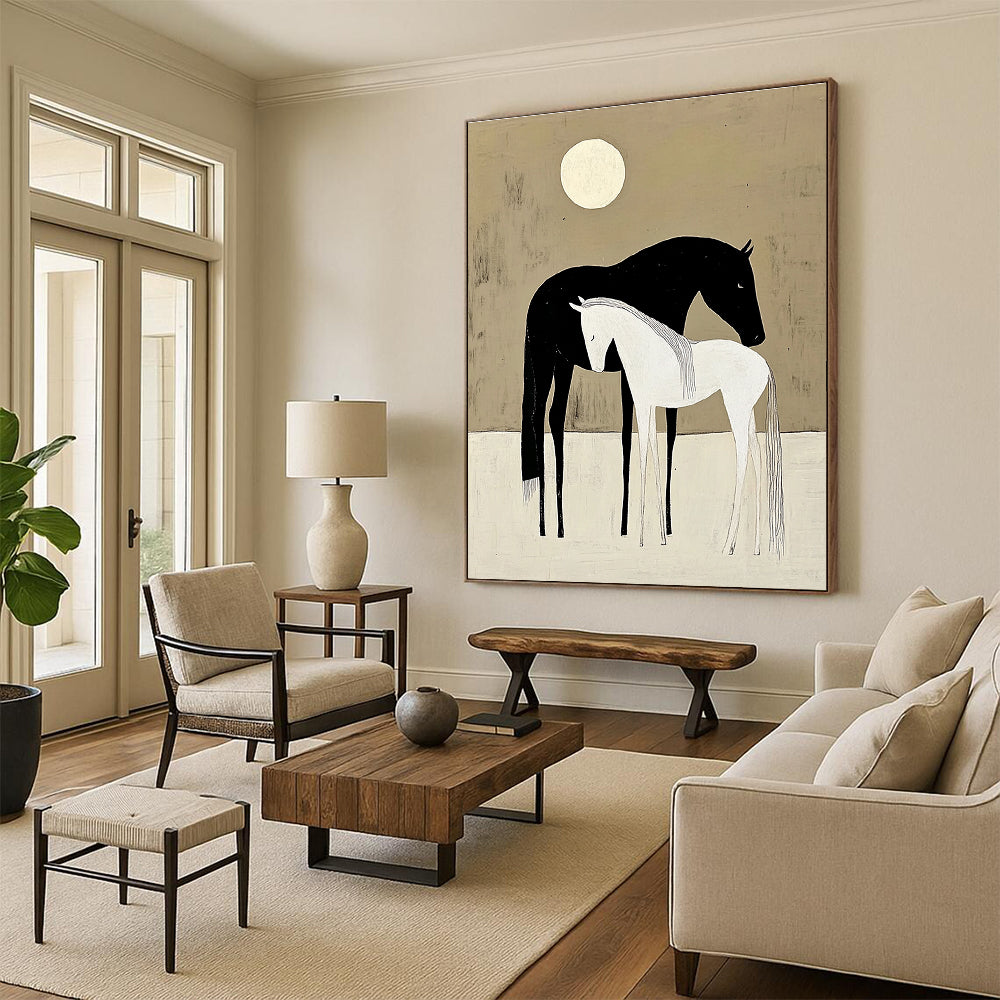 Serene Black and White Horses Under Moon Abstract Painting GAB0034
