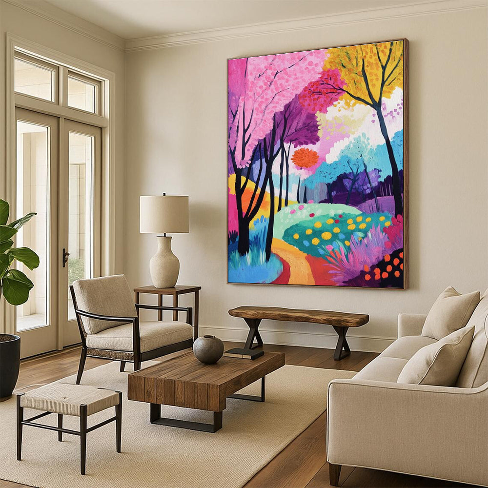 Vibrant Colorful Forest Abstract Painting for Playful Kids' Museums HENG529