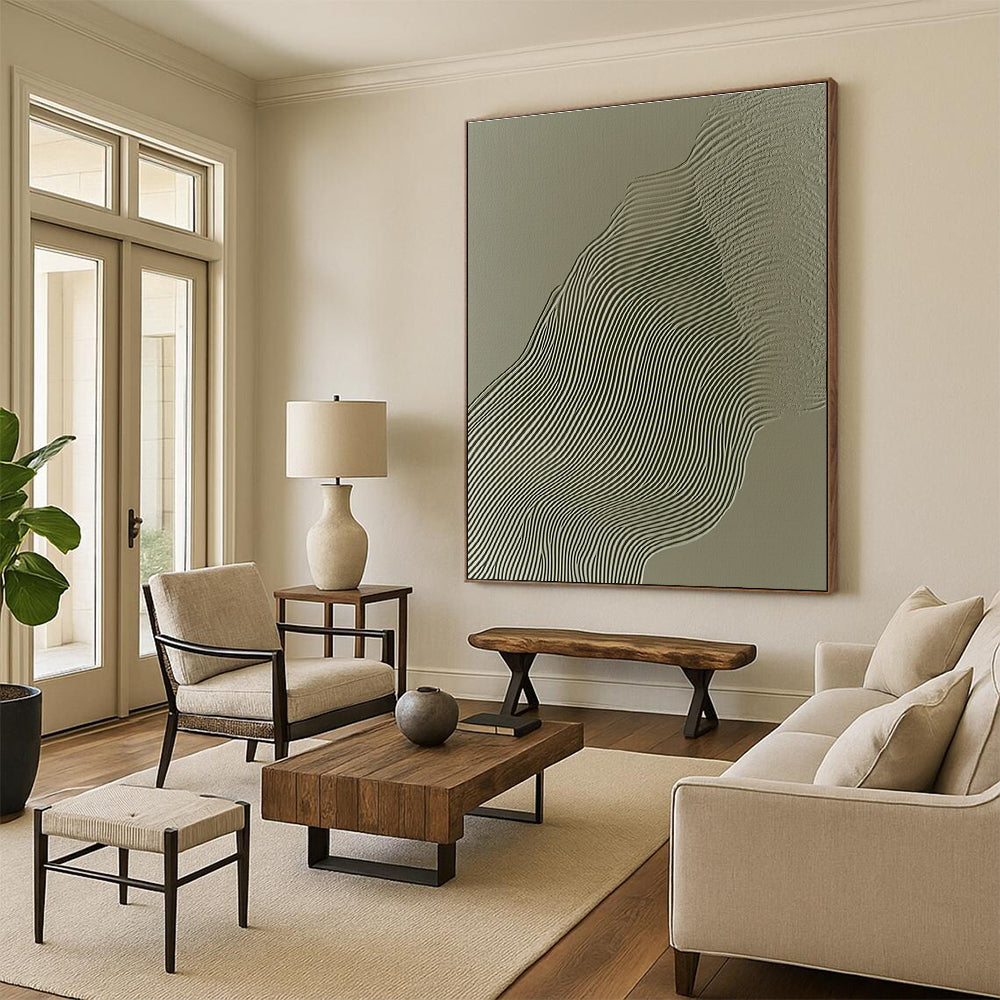 Green Wavy Lines on Grey Abstract Painting with Textured Patterns GAB0063
