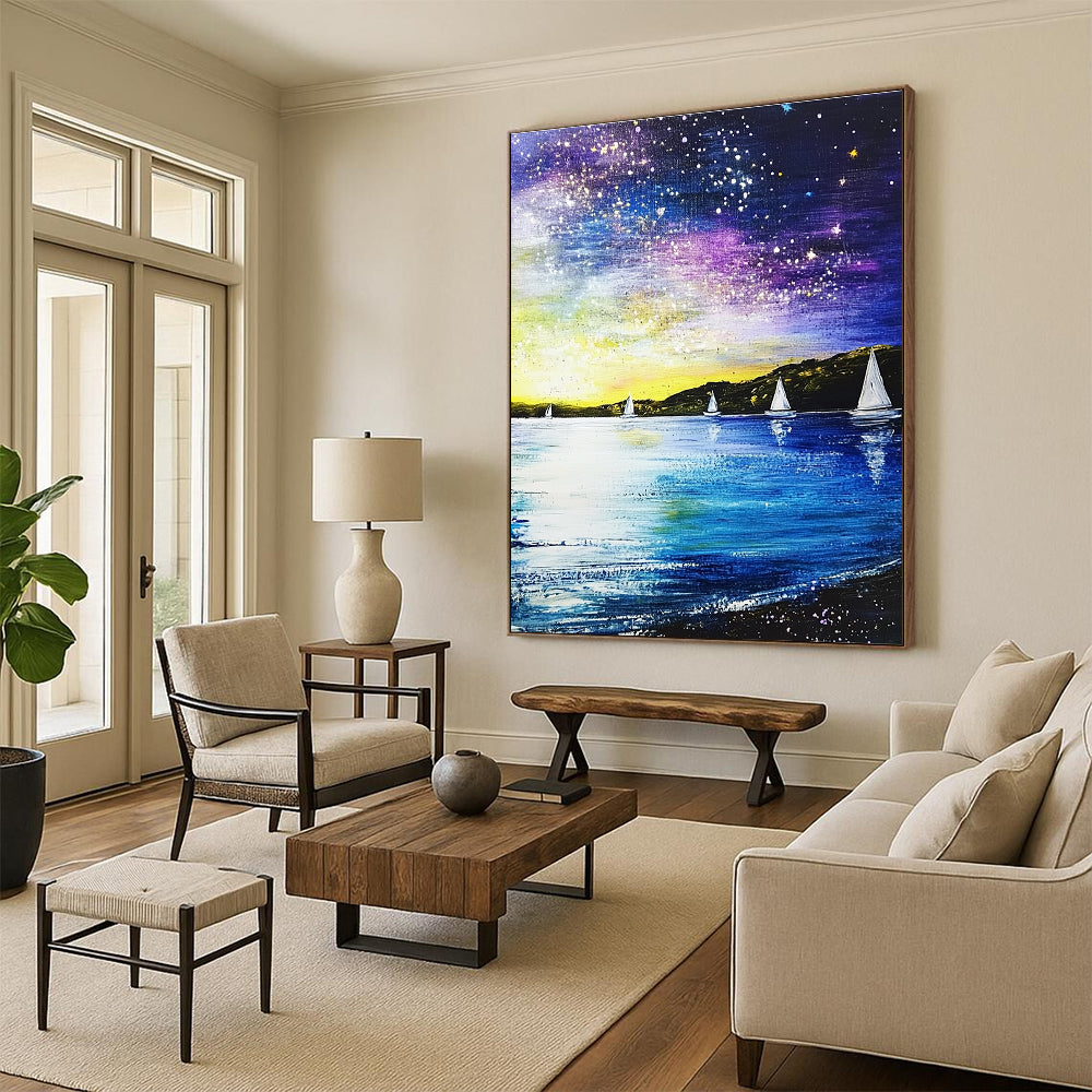 Starry Night Sailboats Abstract Painting for Lakeside Retreats GAB1268