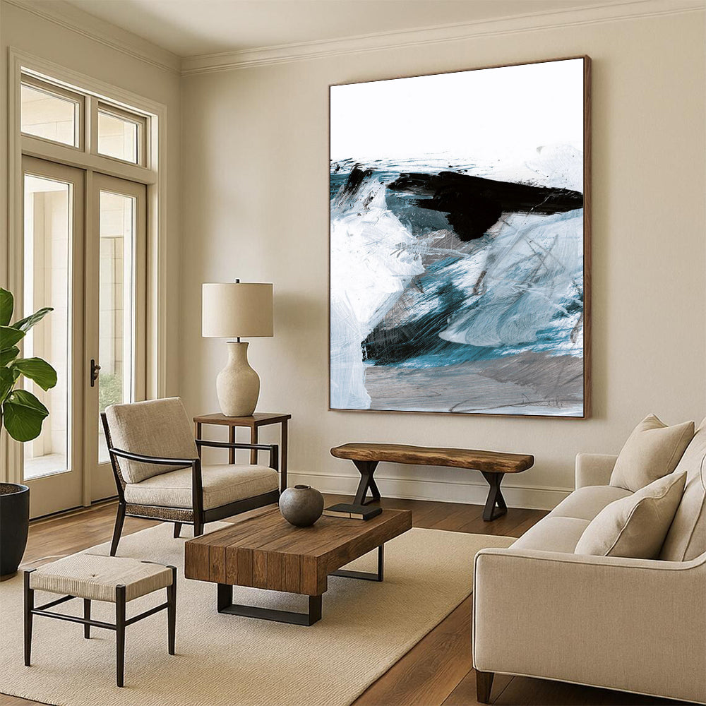 Dynamic Blue - Black Abstract Waves Painting for Coastal Interiors HENG220