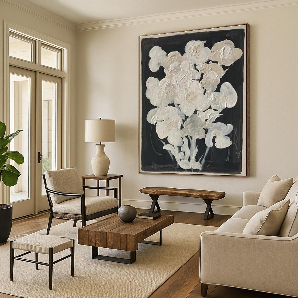 White Flowers on Black Abstract Painting for Elegant Dining Rooms HENG140