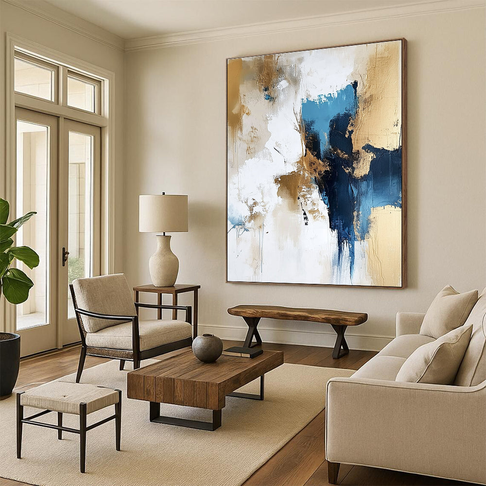 Blue and Gold Abstract Painting for Sophisticated Corporate Lounges GAB0947