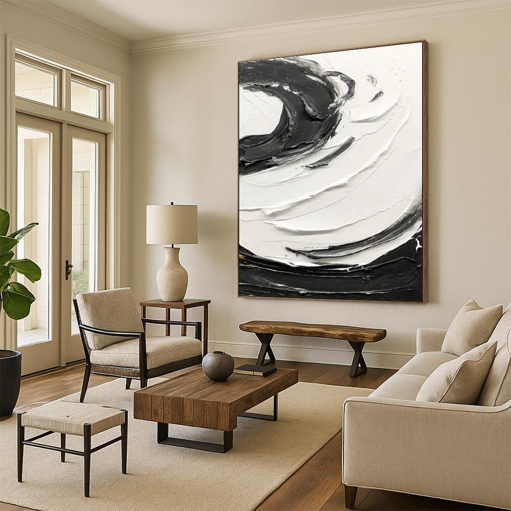 Black - White Swirl Textured Abstract Painting for Modern Living Rooms HENG380