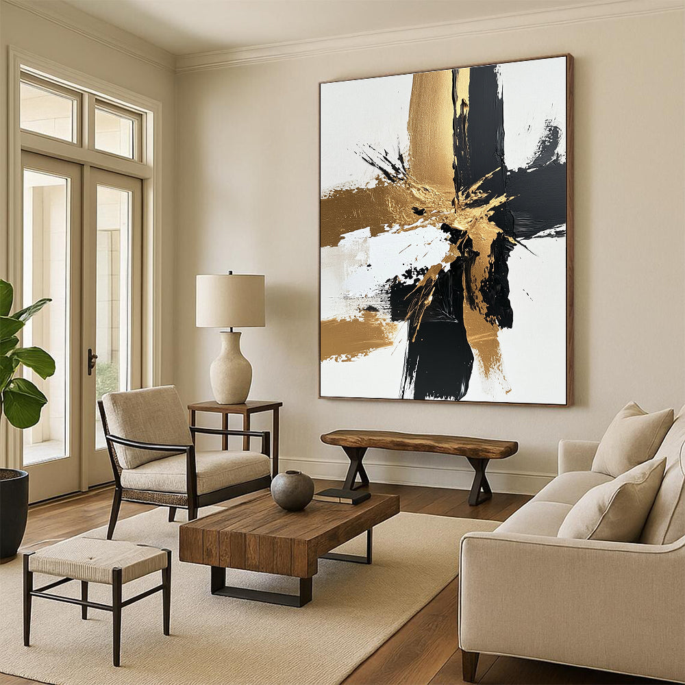 Gold - Black Abstract Burst Painting with Dynamic Opulence WINK366