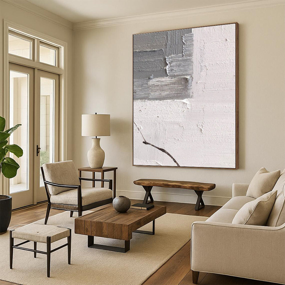 Gray and White Textured Fragmented Art Abstract Painting for Industrial - Chic Lofts HENG361