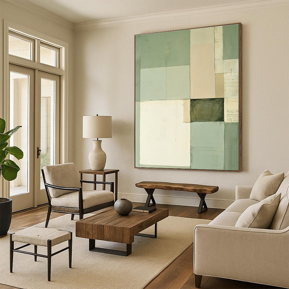 Green and Beige Geometric Blocks Abstract Painting with Subtle Harmony WINK274