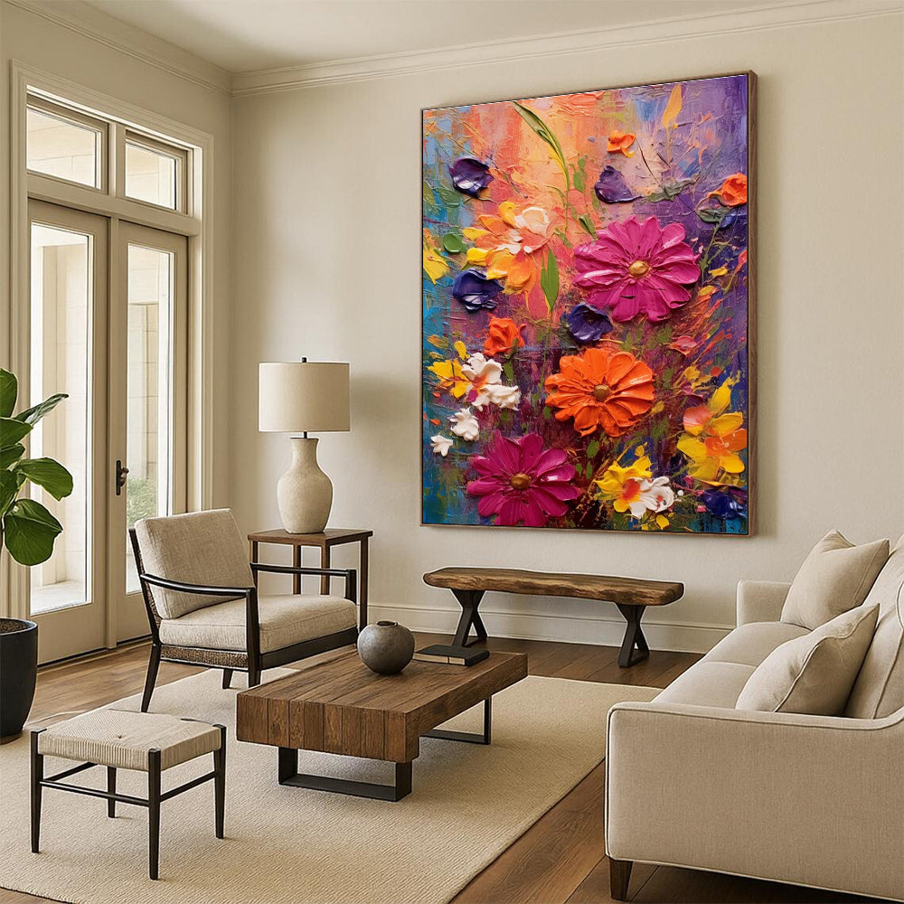 Textured Floral Abstraction Painting for Vibrant Living Spaces HENG430