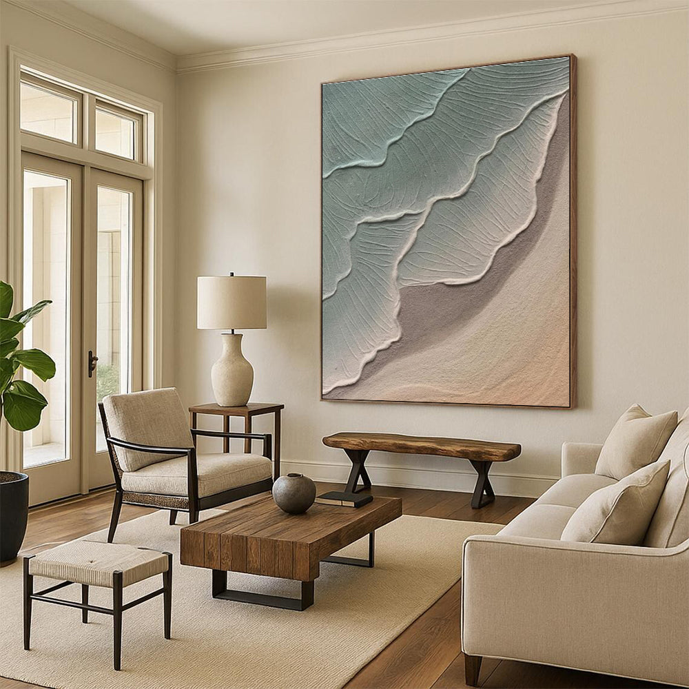 Textured Green and Beige Leaf - Like Abstract Painting for Contemporary Home Offices HENG519