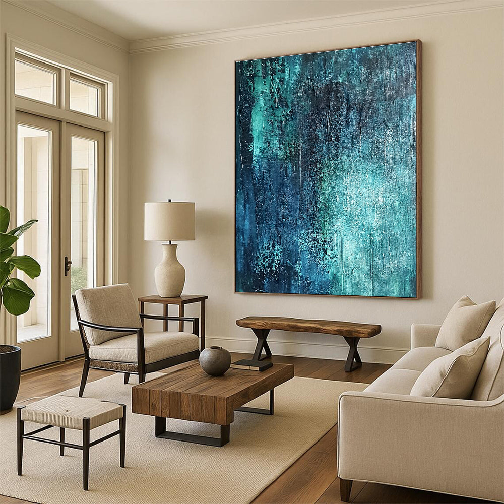 Deep Teal Textured Abstract Painting with Mysterious Depths WINK600