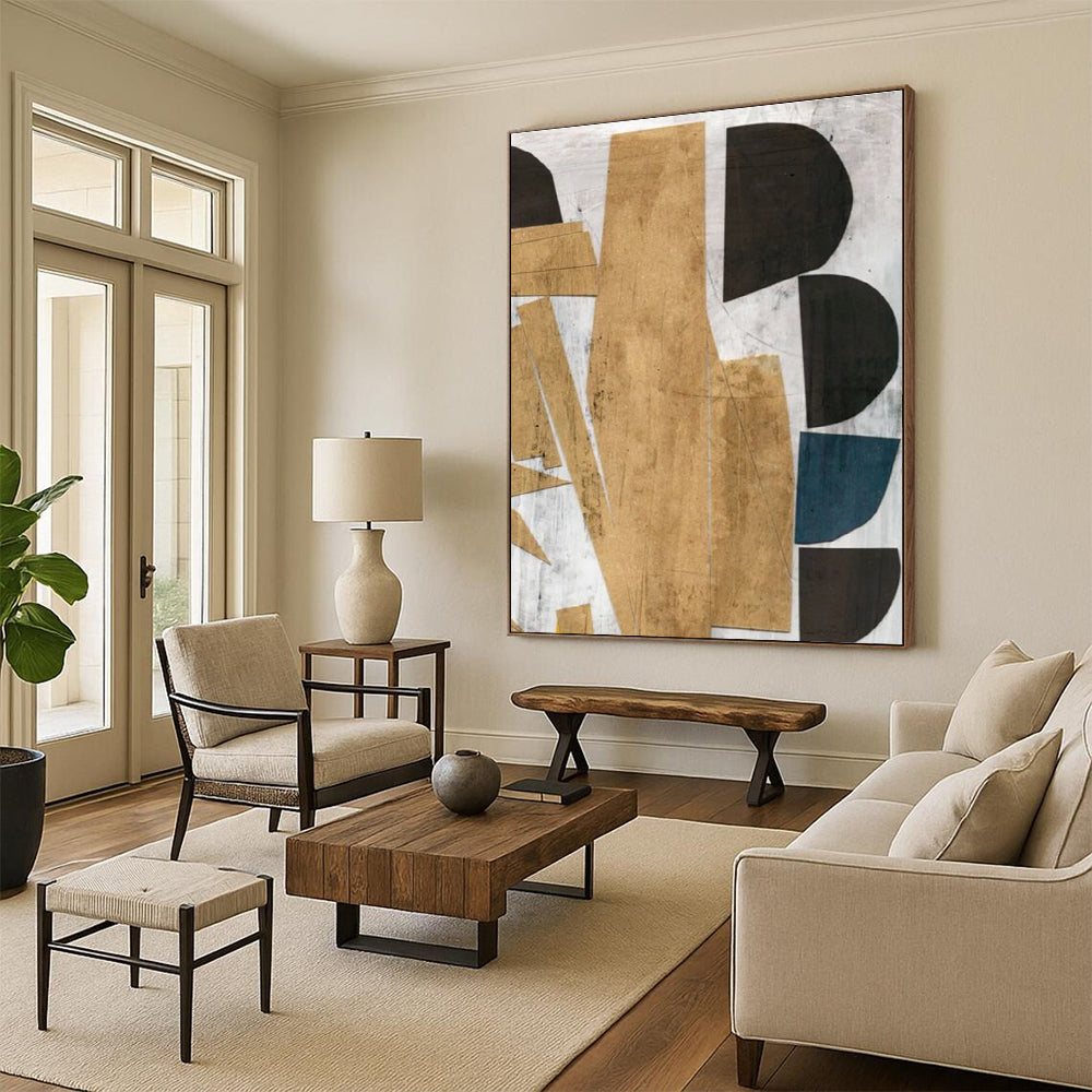 Geometric Gold - Black Abstract Painting for Luxury Home Entrances HENG216