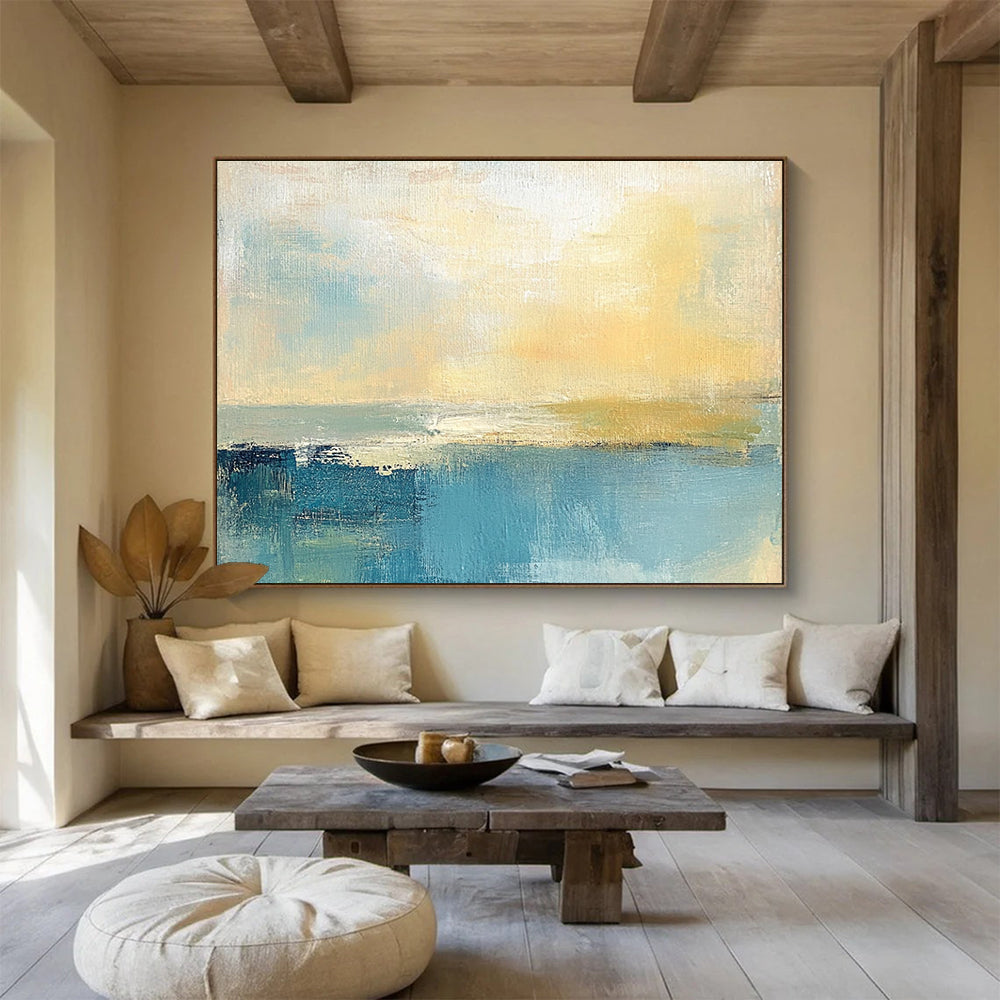 Soft Coastal Abstract Painting with Muted Blues and Yellows ABS245