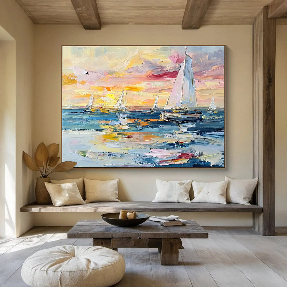 Sailboats at Colorful Sunset Abstract Painting with Vibrant Dusk Hues ABS603