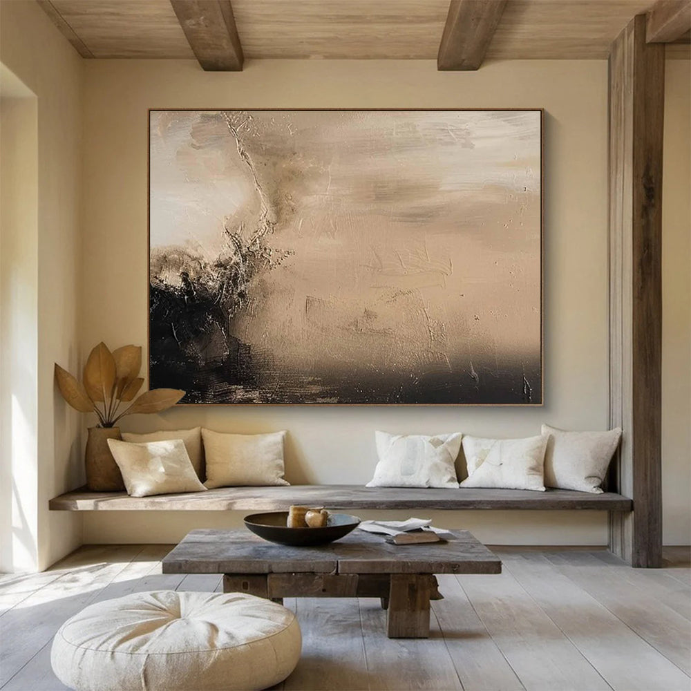 Beige and Black Abstract Painting for Minimalist Living Spaces YHT394