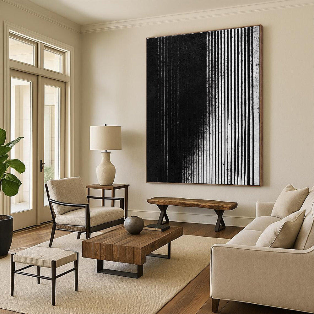 Vertical Black and White Stripes Abstract Painting with Structured Rhythm WINK013
