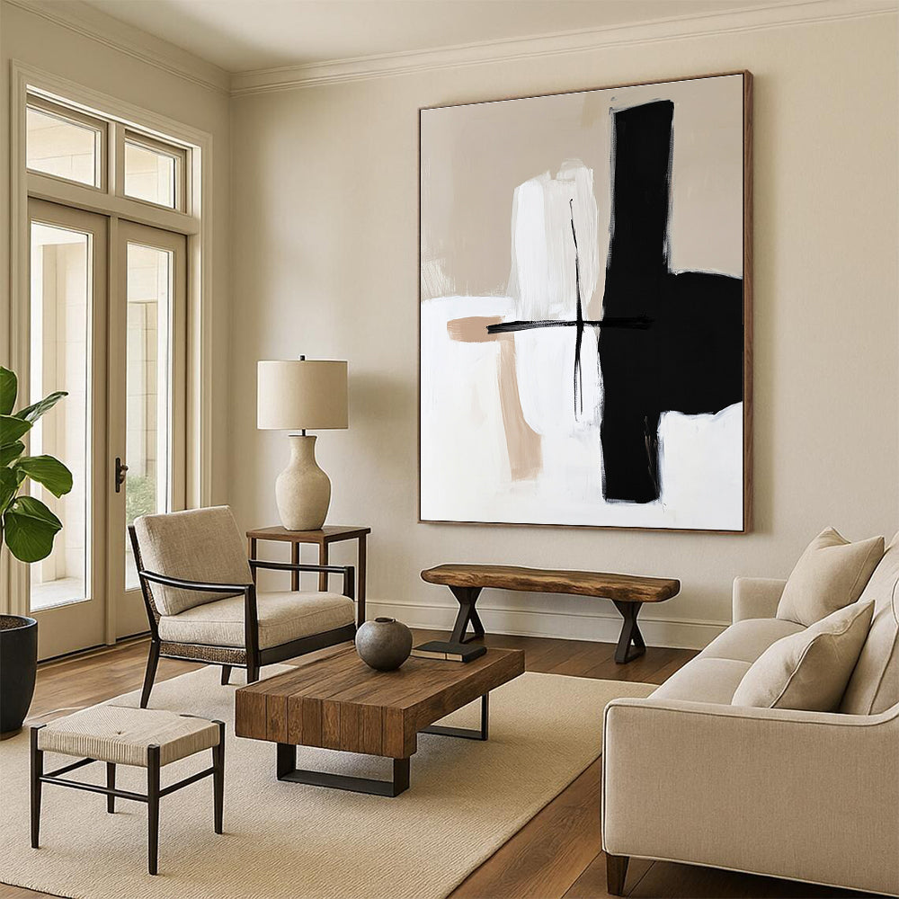 Beige Black White Abstract Painting with Minimalist Charm WINK668