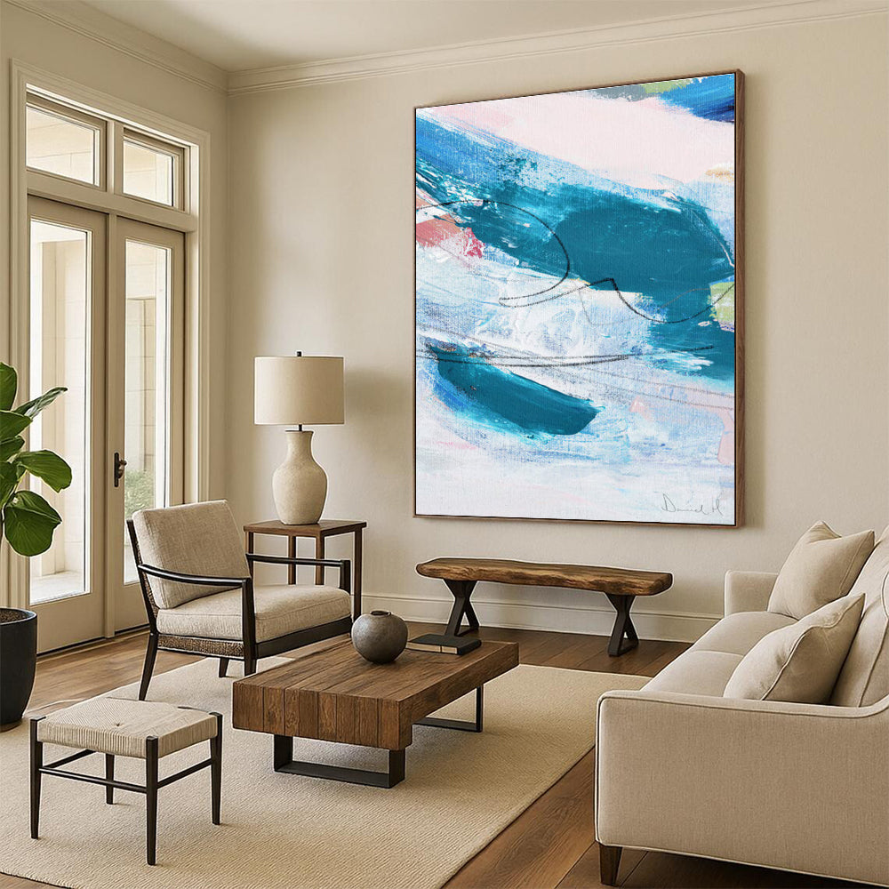 Blue - Teal Abstract with Curves Painting for Coastal - Inspired Spaces HENG151