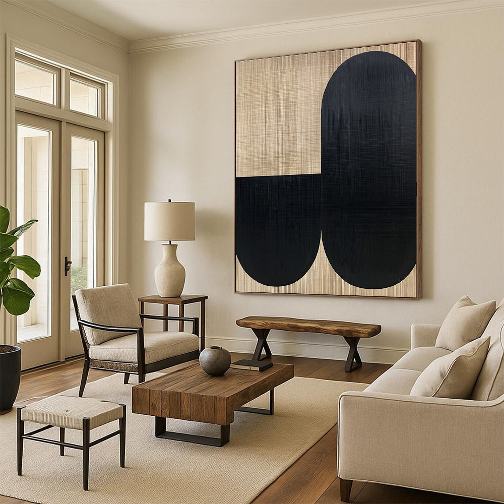 Beige and Black Abstract Painting with Minimalist Forms WINK838