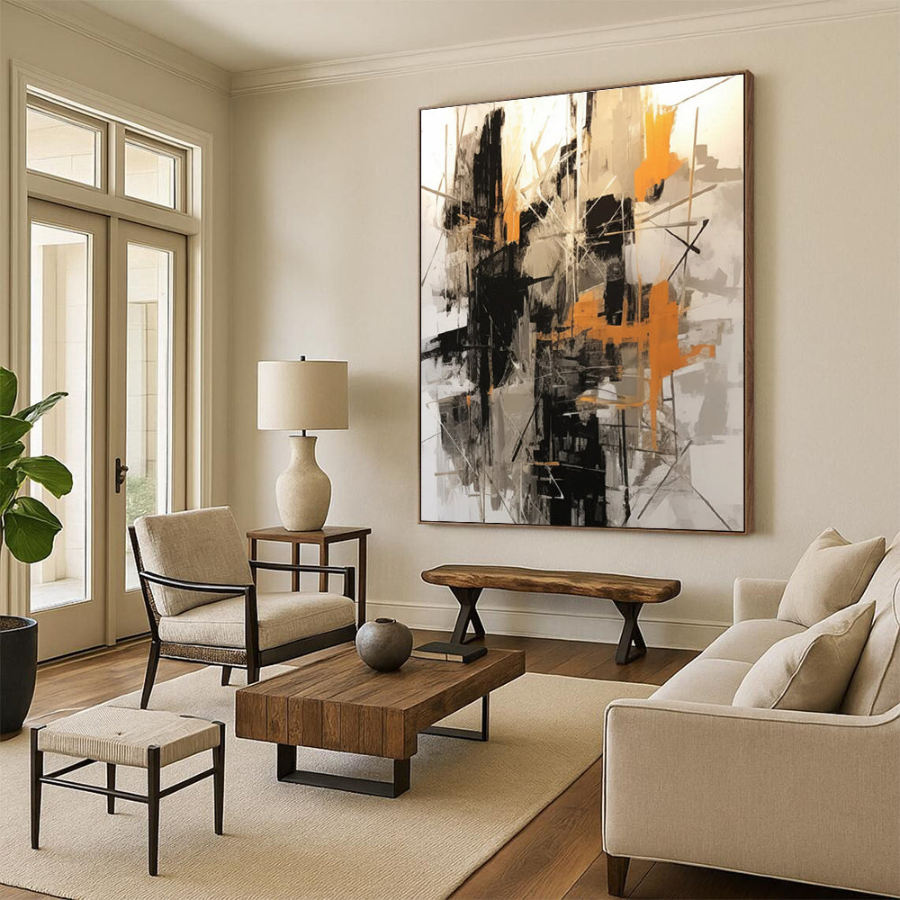 Black - Gray - Orange Abstract Painting for Industrial - Style Lofts HENG116