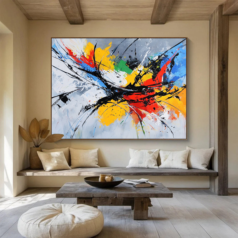 Colorful Expressive Splatter with Dynamic Black Lines Abstract Painting ABS332