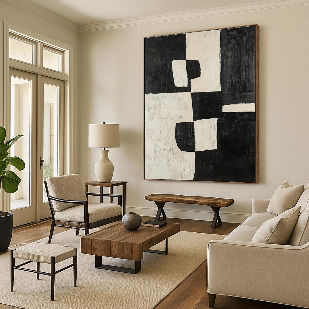 Black White Abstract Painting with Bold Geometry WINK669