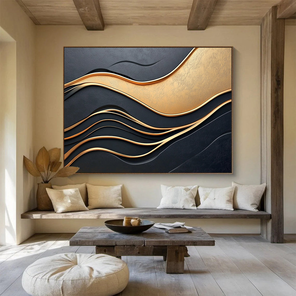 Black and Gold Waves: Luxurious Rhythms in 3D Abstract Painting ABS166