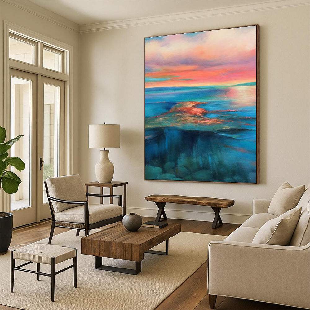 Serene Sunset Seascape Abstract Painting for Coastal Home Living Rooms HENG051