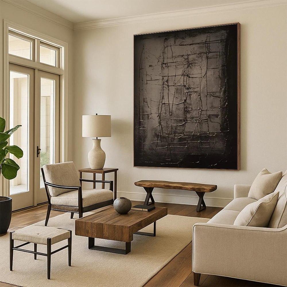 Dark Grid Abstract Painting for Industrial - Style Spaces HENG450